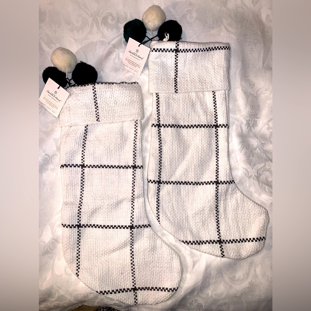 Hearth & Hand with Magnolia, 2 Thick Off-White Stockings with 3 PomPoms & Lined